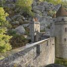 Photomontage. Intégration d'un chateau médiéval dans un paysage forestier de chaos rocheux