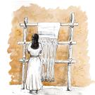 Dessin représentant une femme de l'âge du bronze devant un métier à tisser vertical 