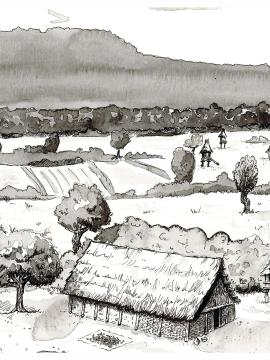 Dessin représentant une ferme de l'âge du Bronze entourée de son terroir agricole