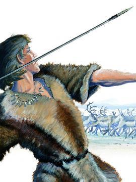 illustration d'un chasseur de rennes préhistorique armé d'un propulseur et d'une sagaie