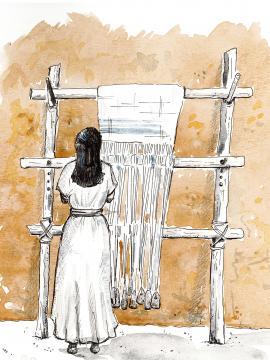Dessin représentant une femme de l'âge du bronze devant un métier à tisser vertical 