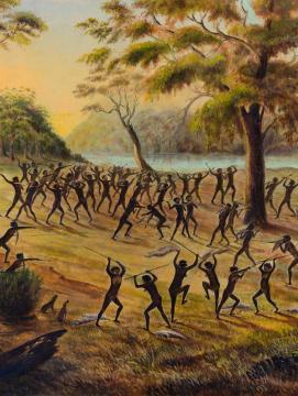 Illustration d'une bataille régulée opposant des aborigènes d'Australie