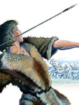 illustration d'un chasseur de rennes préhistorique armé d'un propulseur et d'une sagaie