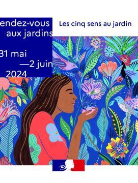 visuel de la manifestation nationales "Rendez-vous aux jardins" : dessin d'une femme reniflant l'odeur d'une fleur