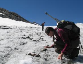 Photo d'une archéologue réalisant un prospection archéologique sur un glacier alpin