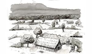Dessin représentant une ferme de l'âge du Bronze entourée de son terroir agricole