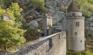 Photomontage. Intégration d'un chateau médiéval dans un paysage forestier de chaos rocheux