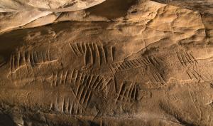 Photographie d'une paroi gravée de traits et sillons dans la grotte à la Peinture de Larchant (77)