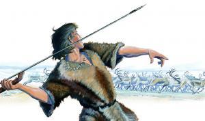 illustration d'un chasseur de rennes préhistorique armé d'un propulseur et d'une sagaie