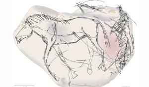 Relevé archéologique de la face A de la pierre gravée d'Etiolles. Représentation d'un cheval et d'une figure indéfinie.