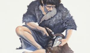 Illustration représentant un homme préhistorique taillant un biface en silex