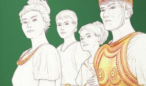 Ce dessin représente une famille aristocratique parée de ses accessoires en bronze (bijoux, armement...)