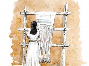 Dessin représentant une femme de l'âge du bronze devant un métier à tisser vertical