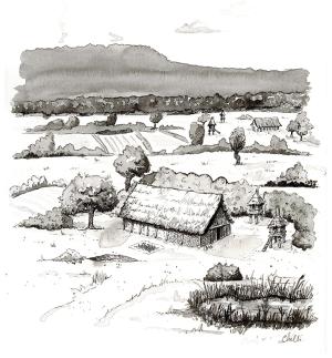 Dessin représentant une ferme de l'âge du Bronze entourée de son terroir agricole