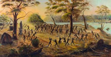 Illustration d'une bataille régulée opposant des aborigènes d'Australie