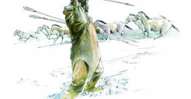 Illustration d'une chasse aux chevaux. Un chasseur préhistorique armé d'un propulseur et d'une sagaie est représenté de dos face à un troupeau de chevaux