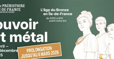 visuel de l'exposition "Pouvoir et métal" qui représente sous une forme illustrée une famille de l'âge du Bronze