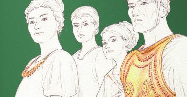 Ce dessin représente une famille aristocratique parée de ses accessoires en bronze (bijoux, armement...)