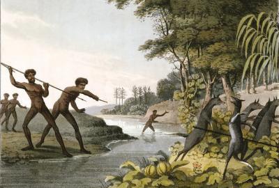 Aquarelle représentant les aborigènes d'Australie chassant le kangourou