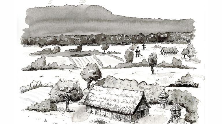 Dessin représentant une ferme de l'âge du Bronze entourée de son terroir agricole