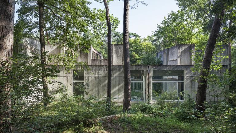 Photographie du musée prise depuis l'extérieur, dans le bois environnant.