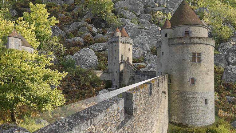 Photomontage. Intégration d'un chateau médiéval dans un paysage forestier de chaos rocheux