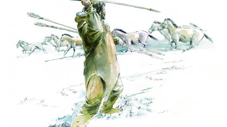 Illustration d'une chasse aux chevaux. Un chasseur préhistorique armé d'un propulseur et d'une sagaie est représenté de dos face à un troupeau de chevaux