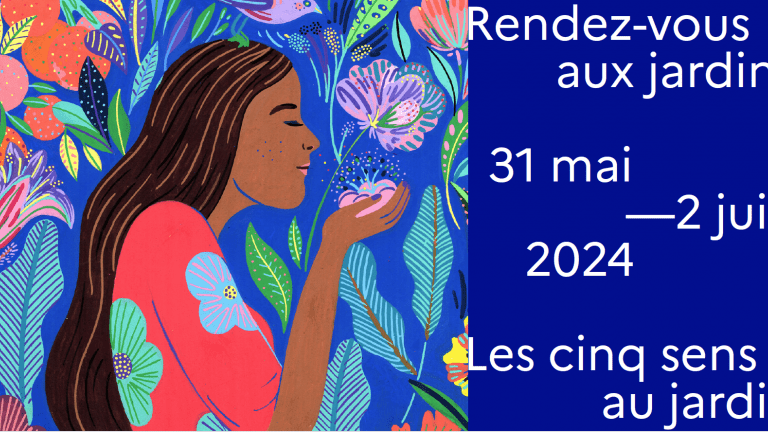 visuel de la manifestation nationales "Rendez-vous aux jardins" : dessin d'une femme reniflant l'odeur d'une fleur