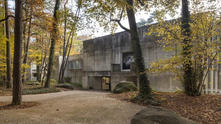 Vue de l'entrée du musée depuis le parc en automne