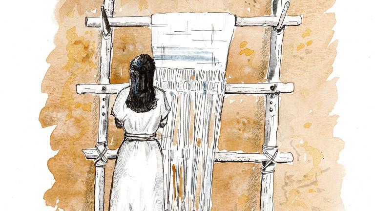 Dessin représentant une femme de l'âge du bronze devant un métier à tisser vertical 