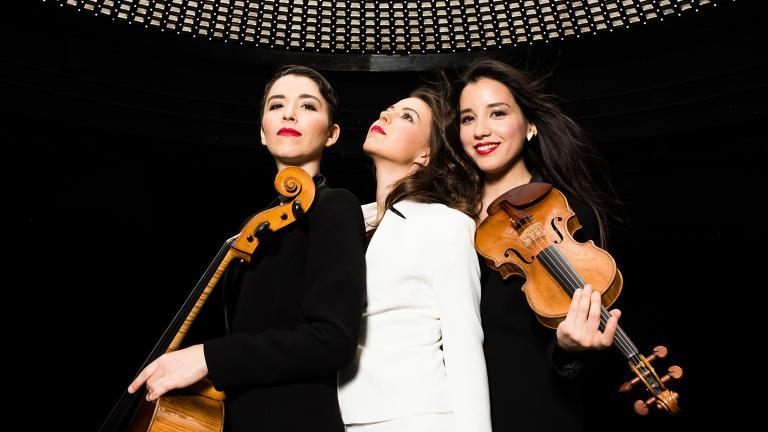 Photographie de 3 musiciennes classiques avec leurs instruments (violon, contrebasse)