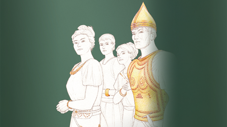 Visuel de l'exposition pouvoir et métal représentant une famille aristocratique de l'âge du Bronze