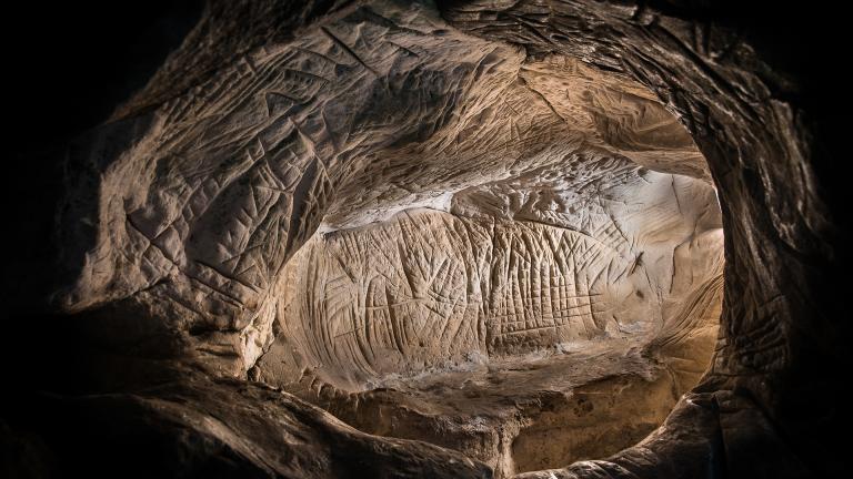 Photographie d'un abri sous roche gravé du massif de Fontainebleau