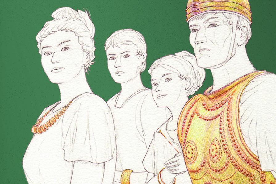 Ce dessin représente une famille aristocratique parée de ses accessoires en bronze (bijoux, armement...)