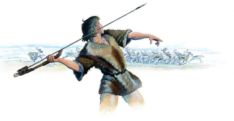 illustration d'un chasseur de rennes préhistorique armé d'un propulseur et d'une sagaie