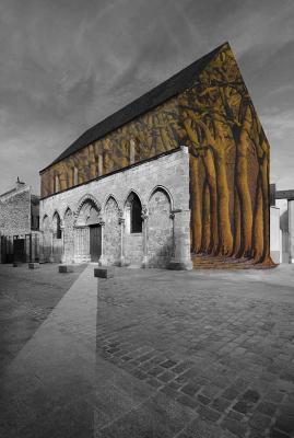 Photomontage. Incorporation d'une forêt de hauts arbres comme portant la toiture à l'intérieur d'un hôtel dieu