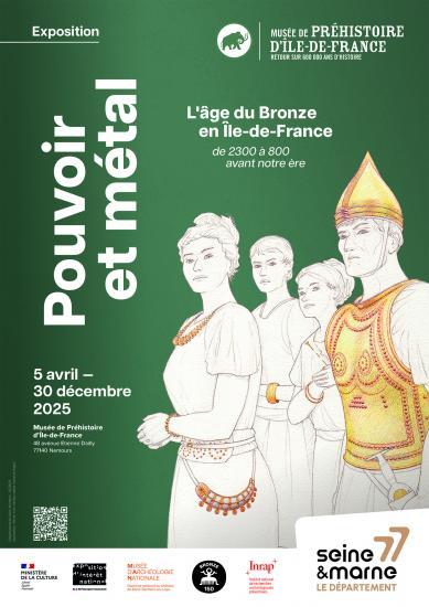 affiche de l'exposition Pouvoir et métal. Sur ce visuel, un dessin représente une famille aristocratique parée de ses accessoires en bronze (bijoux, armement...)