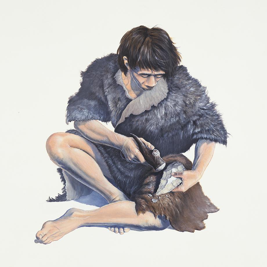 Illustration représentant un homme préhistorique taillant un biface en silex